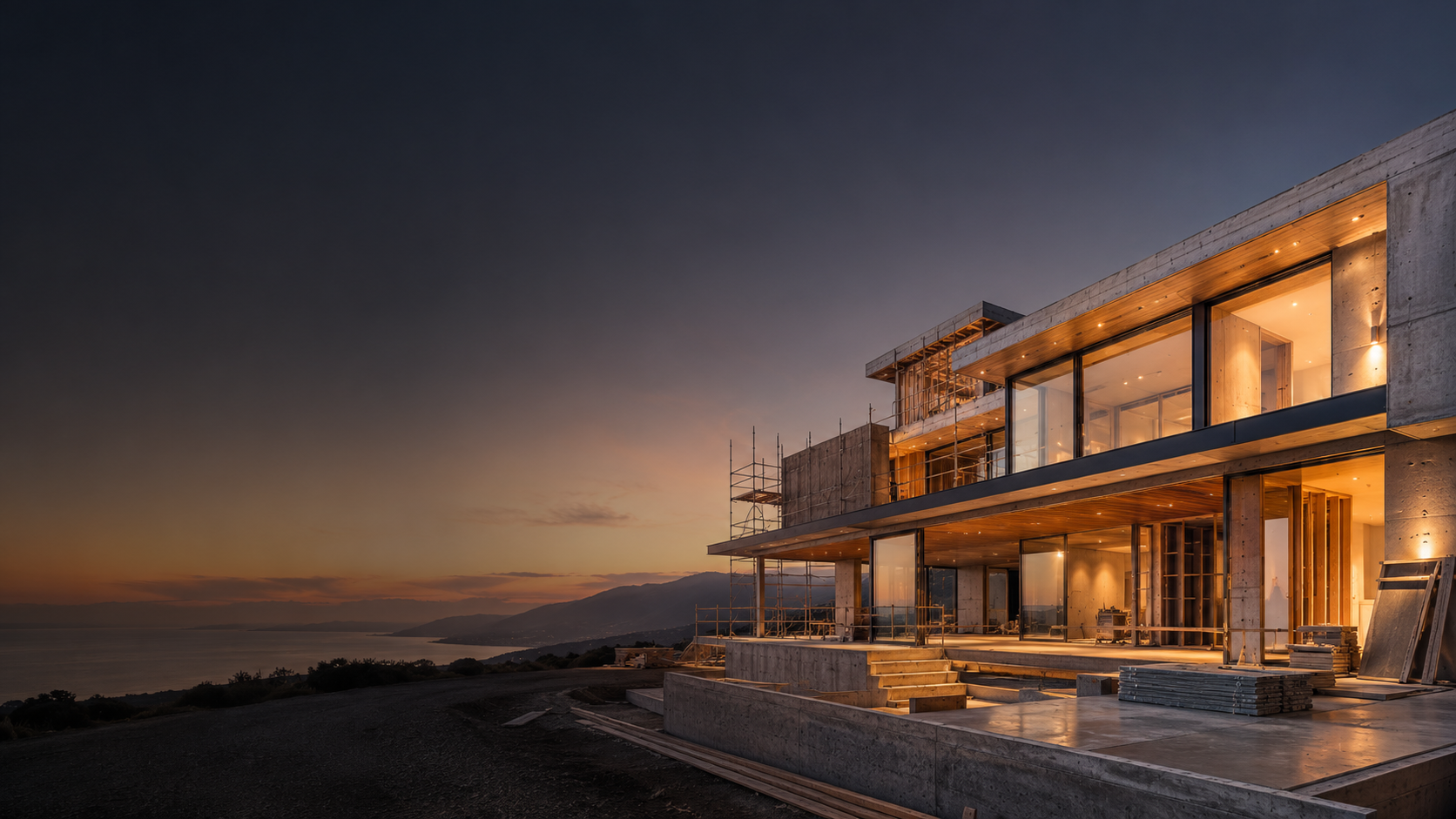 Residência contemporânea em construção ao entardecer